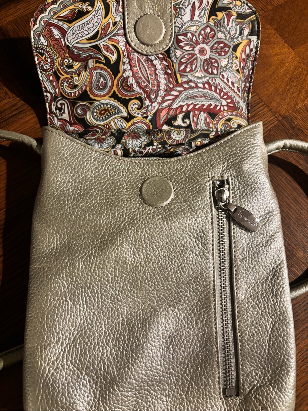 Tignanello Metallic Silver Crossbody with Paisley Interior